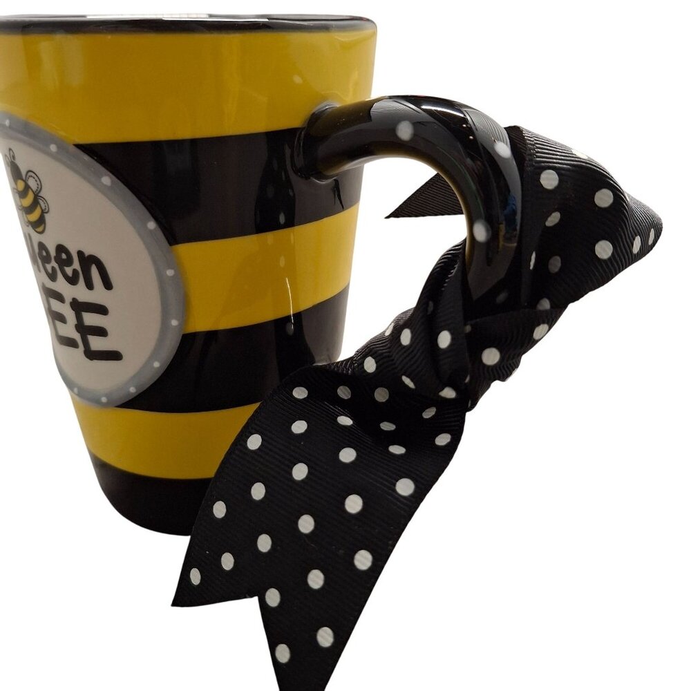 Queen Bee Striped Ceramic Mug With Polka Dot Handle Ribbon Design Burton+Burton - Picture 2 of 5